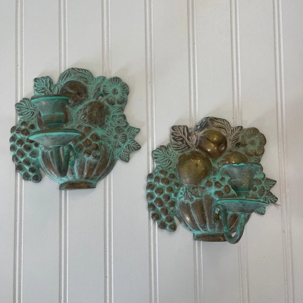 Vintage Brass Fruit‎ Basket Wall Sconces Pair Verdigris Patina Grapes Floral